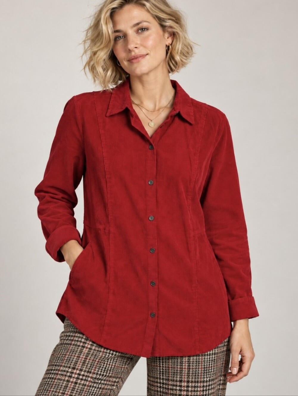 J. Jill Red Corduroy Tunic Top Button Up Long Sleeve 100% Cotton Pockets Size S
